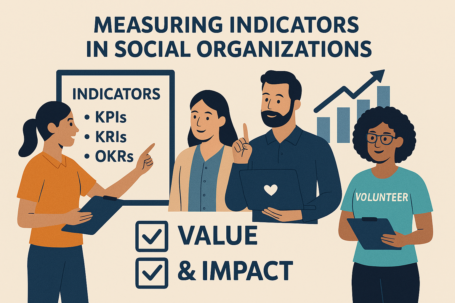Personas alrededor de una pizarra uqe indica indicadores, valor e impacto